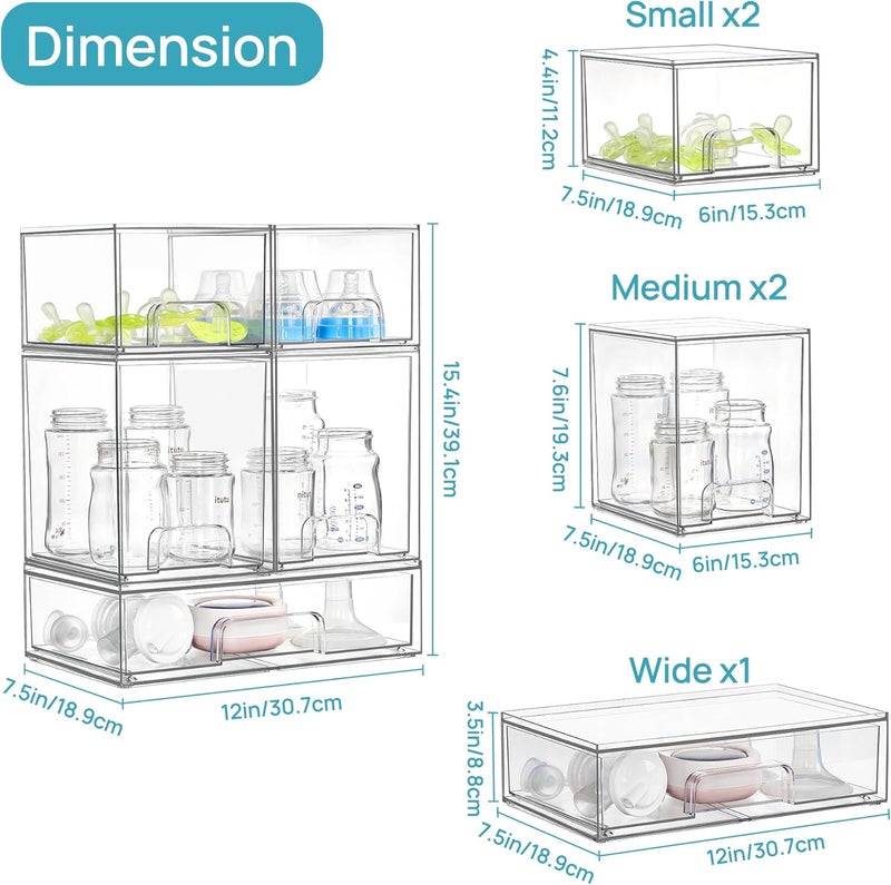Vtopmart Stackable Storage Drawers Set of 5, Clear Plastic Organizer Bins for Baby Bottle, Beauty Supplies Storage, Ideal for Kichen Countertop, Vanity, Bathroom, Cabinet, Pantry Organization - Image 3